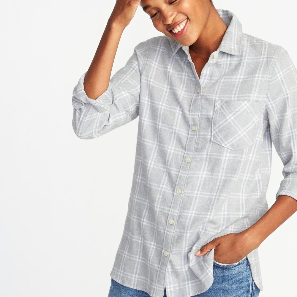 Old Navy | Plaid Flannel Relaxed Twill Classic Shirt | Gray & White | X-Large